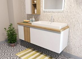 Фото Тумба с раковиной Эстет Malibu 140 R белая со вставкой светлый дуб