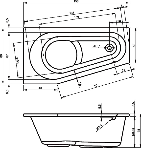 Акриловая ванна Riho Delta 150x80 R , изображение 11