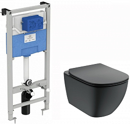 Фото Комплект Ideal Standard Tesi T3868V3 (подвесной унитаз + инсталляция + сиденье), черный матовый