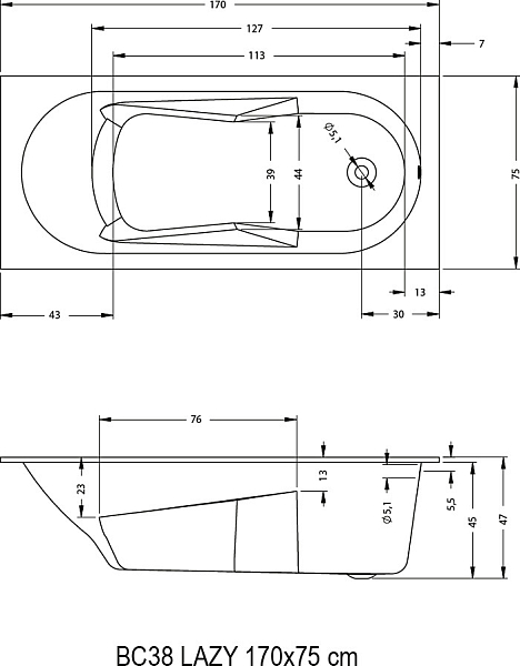Акриловая ванна Riho Bathtubs Lazy 170х75 , изображение 2