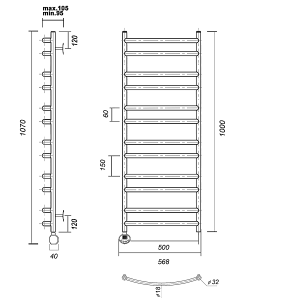 Полотенцесушитель электрический Domoterm Калипсо 50x100 L , изображение 3