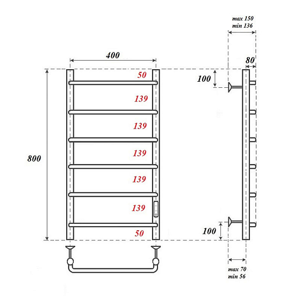 Полотенцесушитель электрический Point Ника П6 80х40 черный , изображение 3
