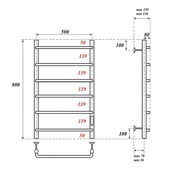 Полотенцесушитель электрический Point Ника П6 80х50 хром , изображение 3