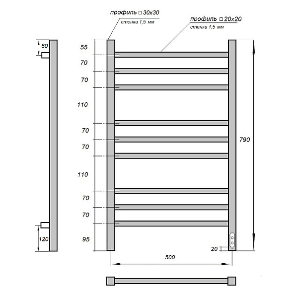 Полотенцесушитель электрический Point Вега П9 50x80 , изображение 3