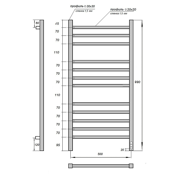 Полотенцесушитель электрический Point Вега П12 50x100 черный , изображение 3