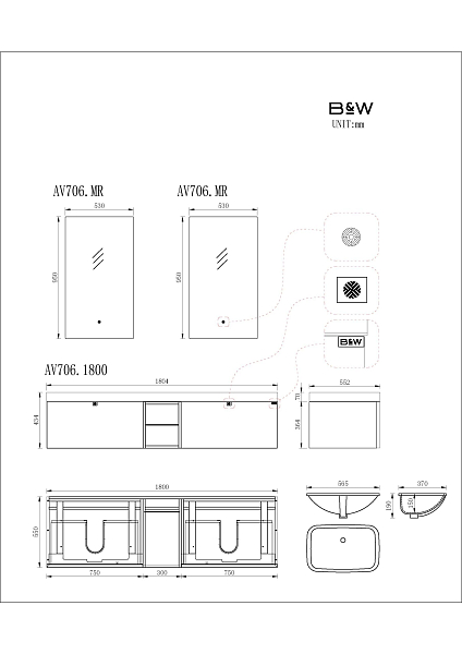 Тумба с раковиной Black&White Gravity AV706.1800 180 черный матовый , изображение 5